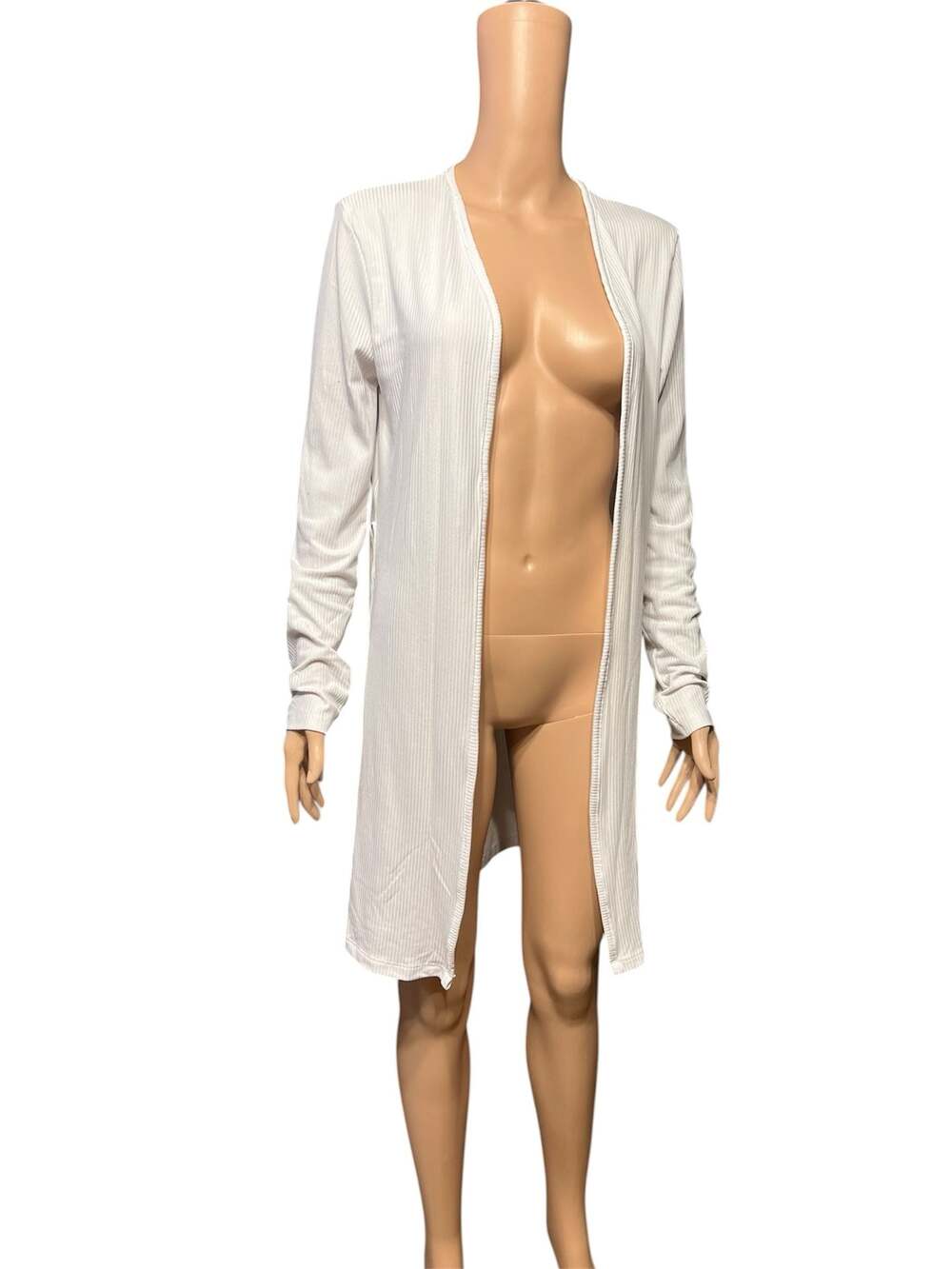 Splash White Ribbed Long Sleeve Open Front Duster Cardigan Size L